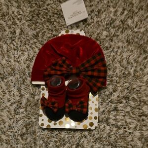 Little Me Red and Black Baby Hat and Socks Set